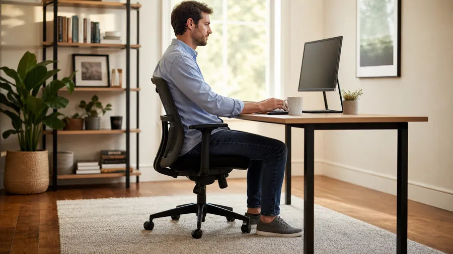 Adult working at a desk with feet supported and the screen near eye level