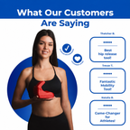 Core Nexus customer reviews featuring a woman holding the red tool, three review quotes, and a clinician-recommended badge.