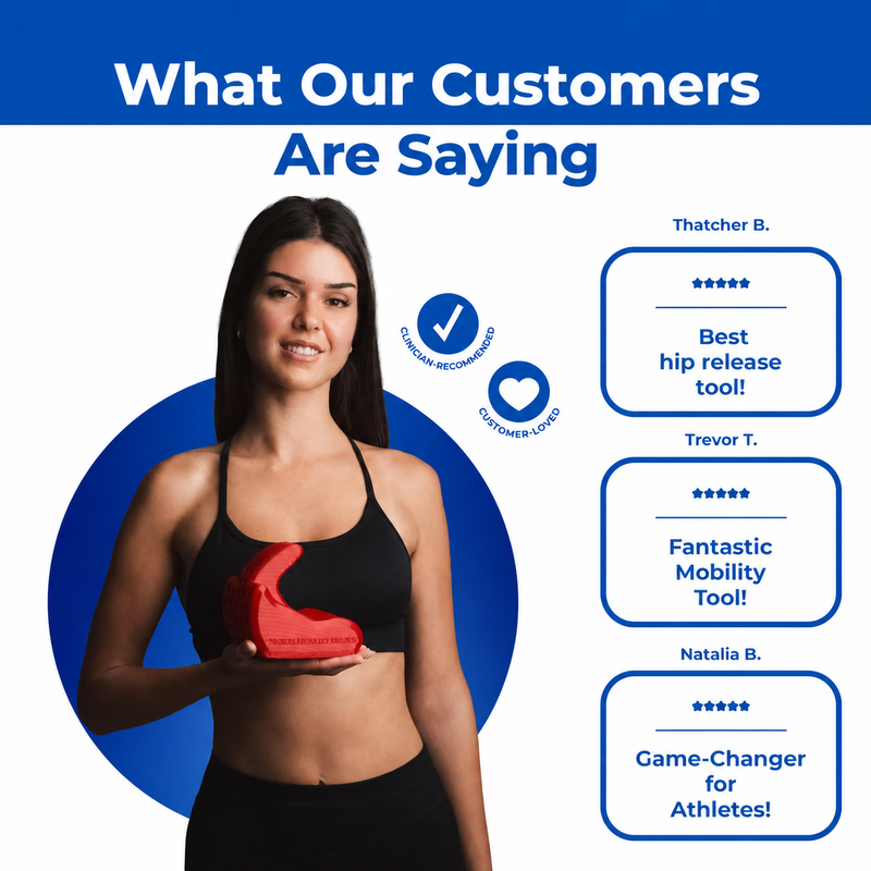 Core Nexus customer reviews featuring a woman holding the red tool, three review quotes, and a clinician-recommended badge.