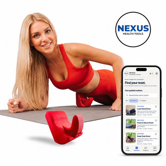 Core Nexus with Katie demonstrating placement and the free Recovery Coach routine library.