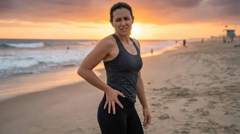 Person at the beach experiencing hip discomfort — hip clicking and snapping can be associated with psoas and iliacus tension