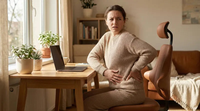 Person sitting at a desk pressing their lower back and hip area in discomfort, illustrating recurring hip-flexor tightness