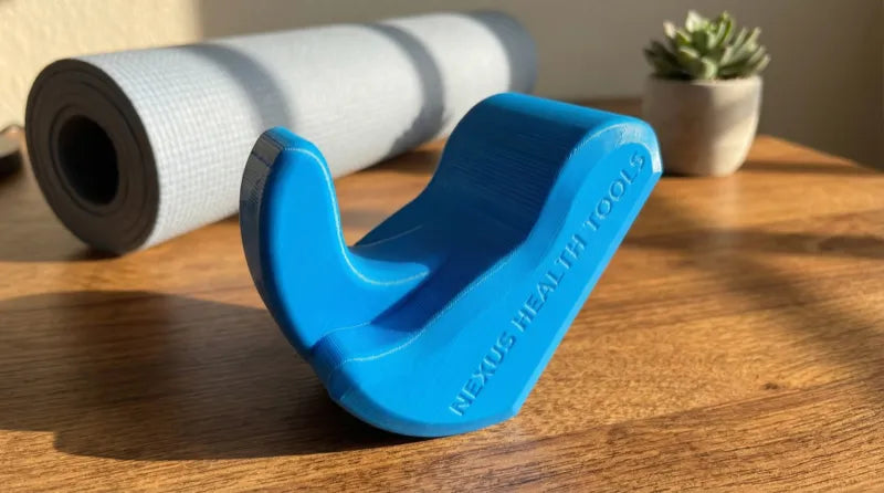 Blue Core Nexus psoas and iliacus release tool on a wooden surface with yoga mat in background