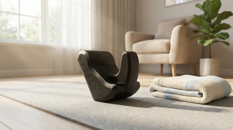 Core Nexus psoas and iliacus release tool on a yoga mat in a calm postpartum recovery setting