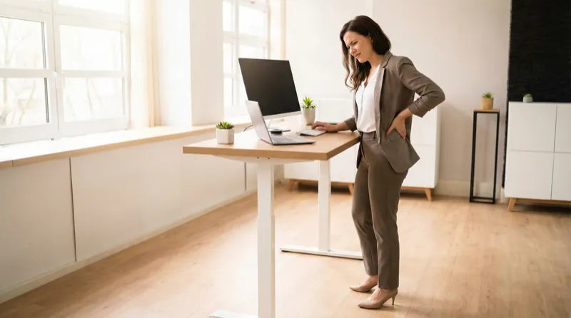 Professional woman at a standing desk pressing her lower back in discomfort — tight psoas and iliacus muscles are often linked with recurring lower-back tightness