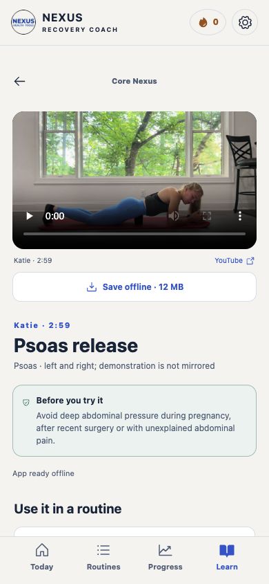 Recovery Coach showing Katie's Core Nexus psoas placement demonstration