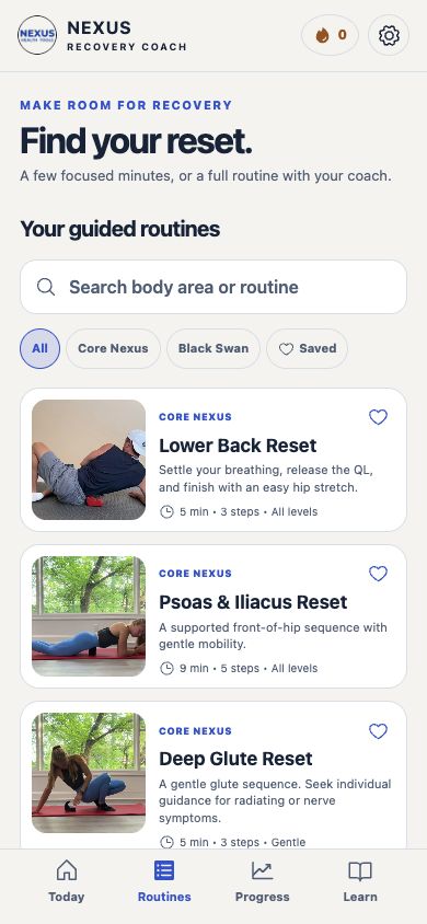 Recovery Coach routine library with Lower Back Reset and Psoas and Iliacus Reset